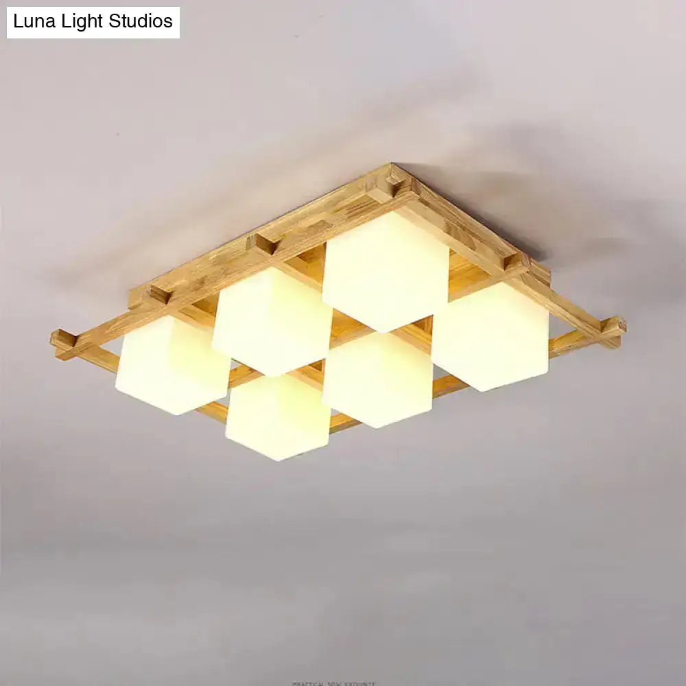 Modern wood grid semi flush mount – living room glass ceiling light