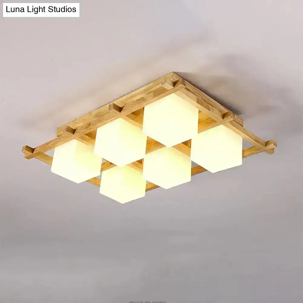 Modern wood grid semi flush mount – living room glass ceiling light