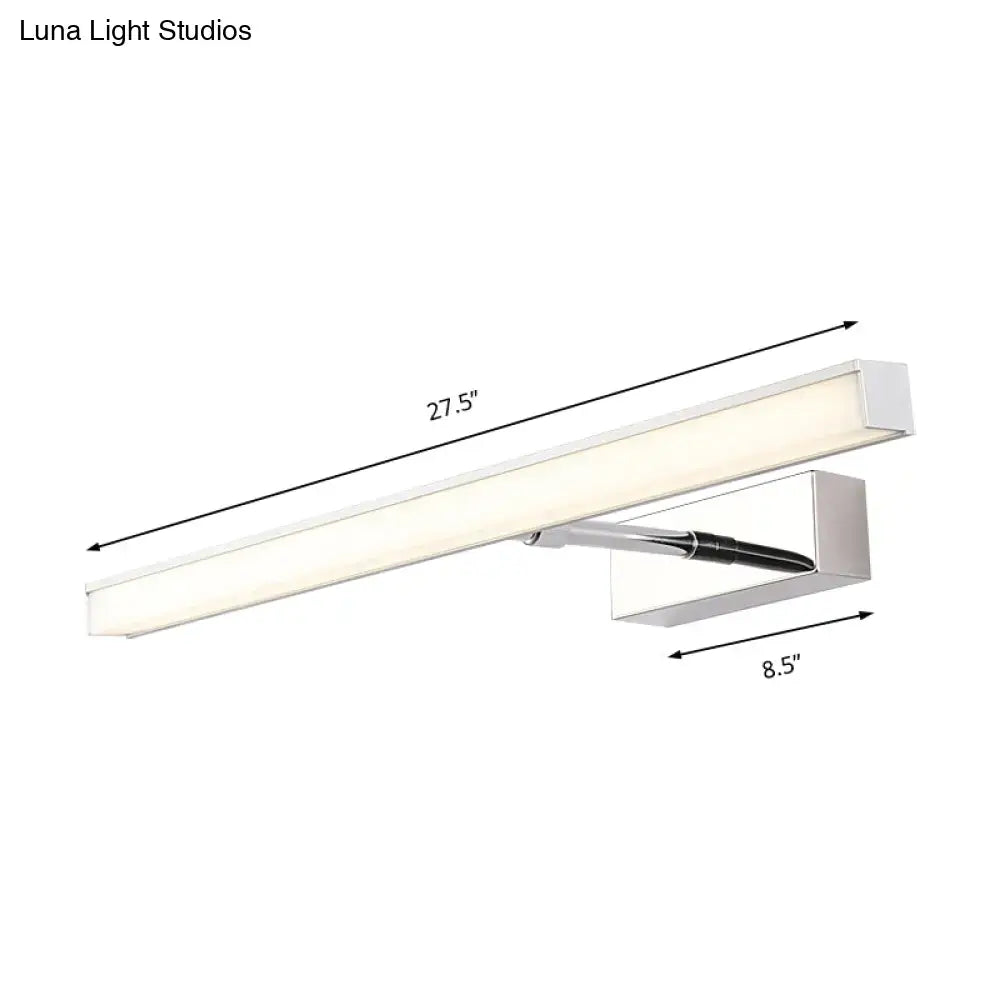 Modernist black and silver metal linear vanity sconce with chrome finish and diffused white led illumination