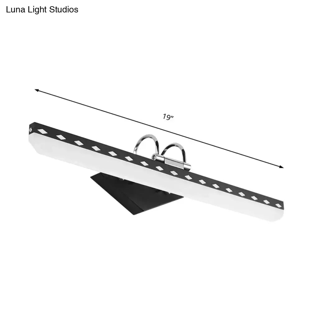 Modern 19-inch black white led vanity light with curved arm, sleek diffuser, and chrome bracket for natural light