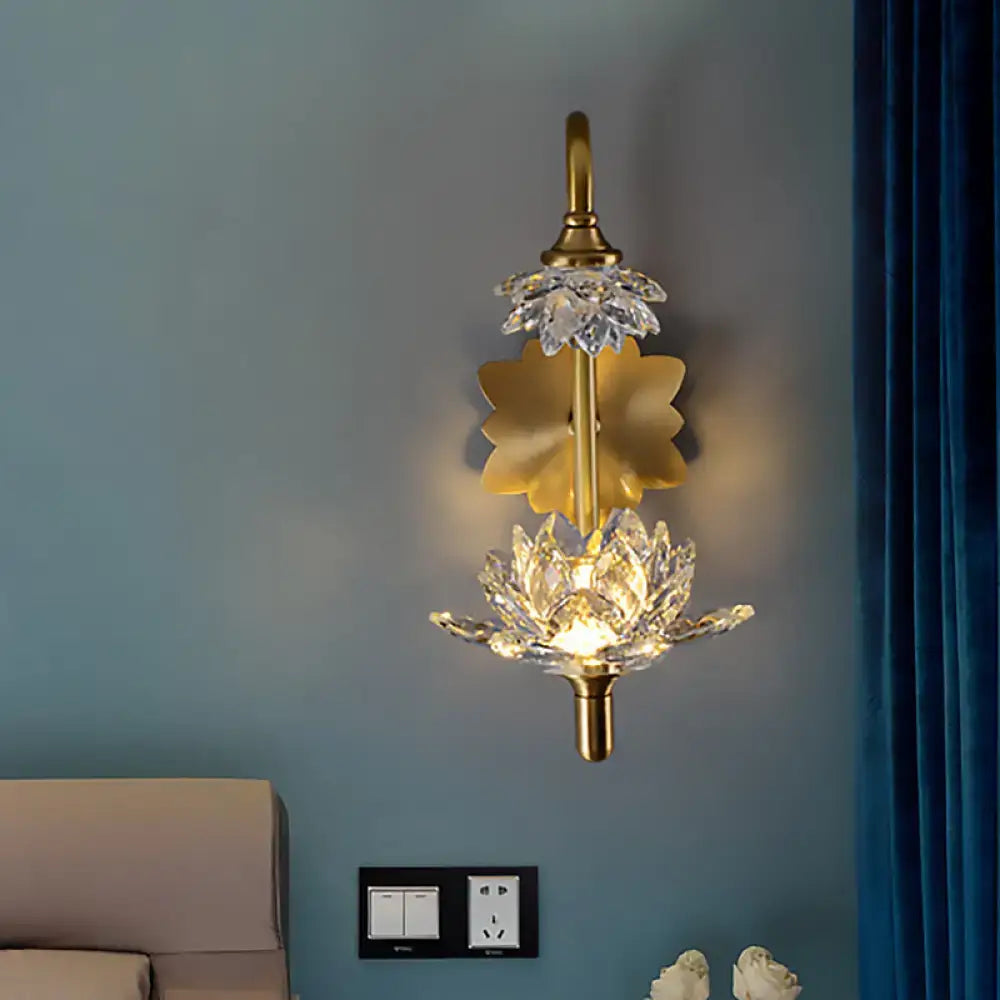 Modernist brass finish crystal shade wall sconce bedroom lotus light