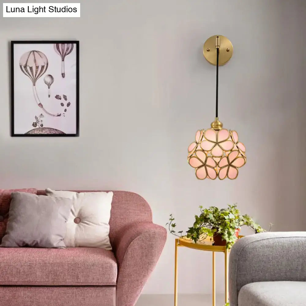 Modernist brass floral glass bulb bedside sconce light pink & clear