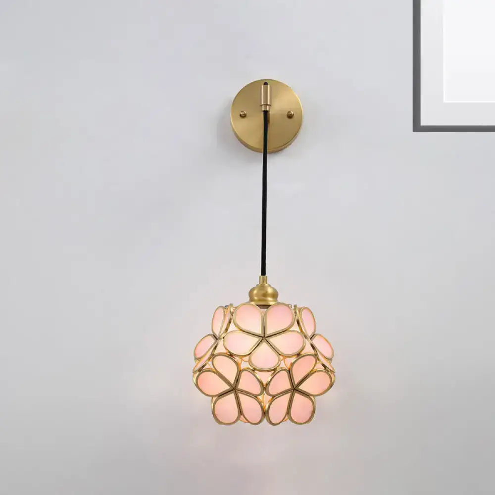 Modernist brass floral glass bulb bedside sconce light pink & clear