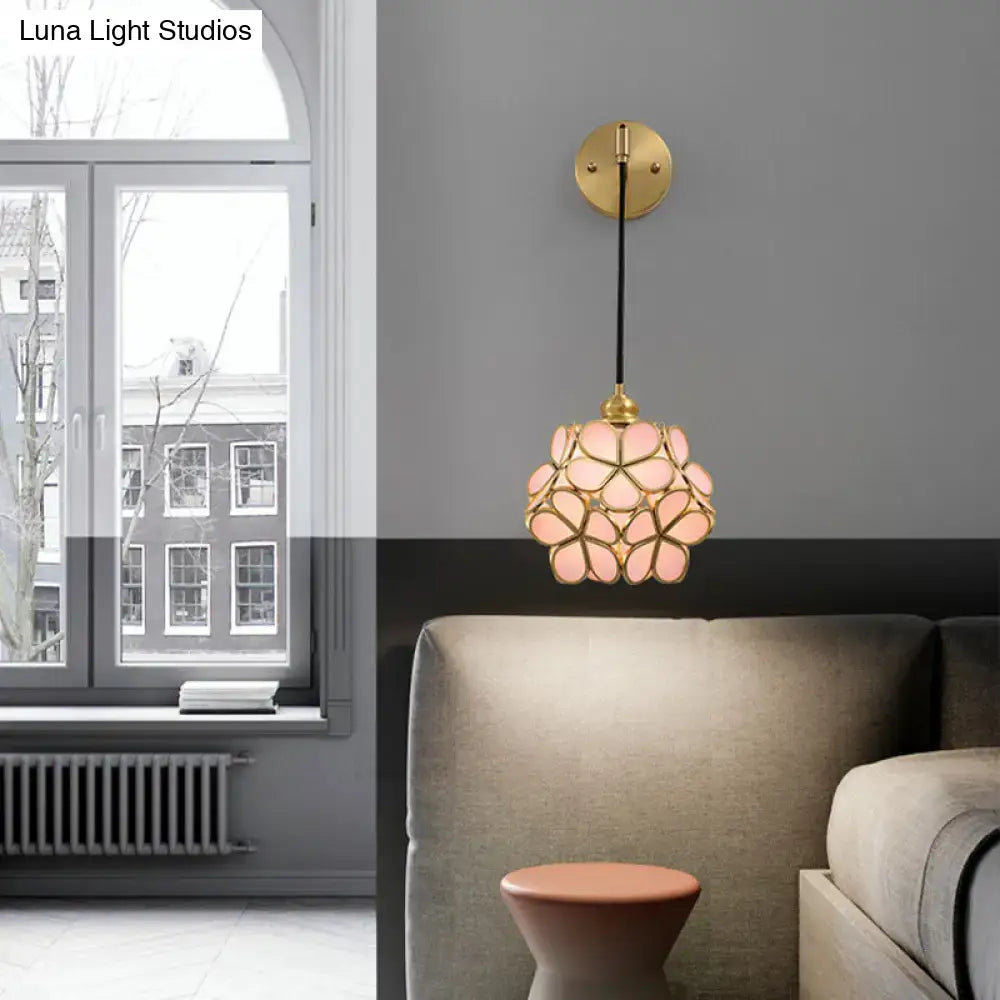 Modernist brass floral glass bulb bedside sconce light pink & clear