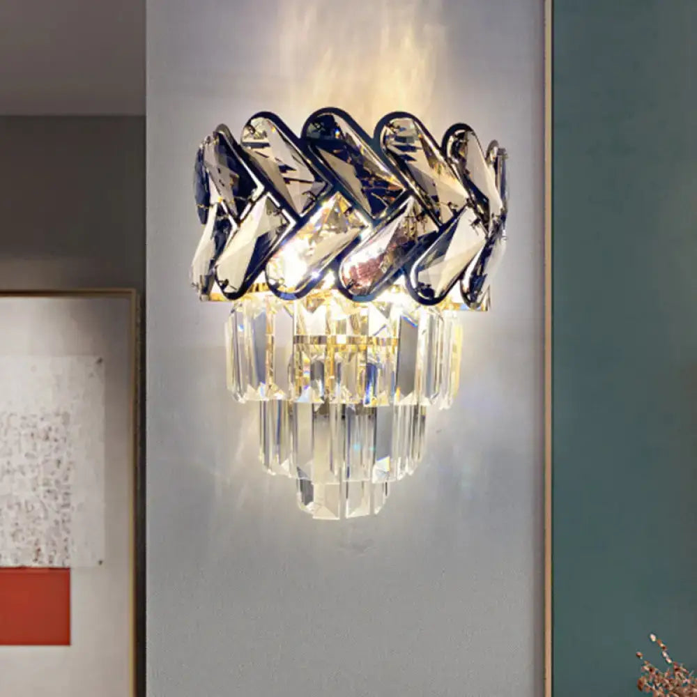 Modernist chrome and crystal wall sconce for family room