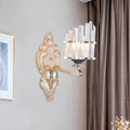 Modernist gold wall light with ornate crystal vertical rods and polished metallic arm for living room conical shade wall use