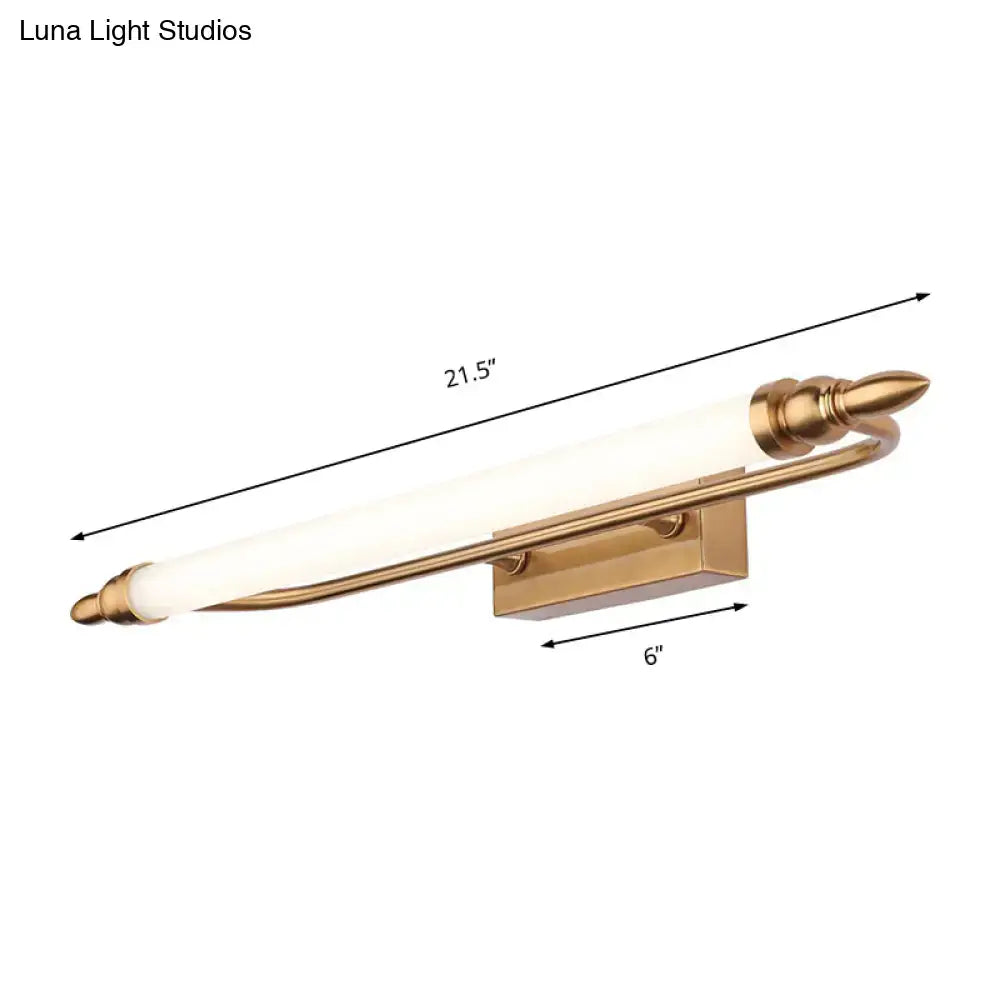 Modernist gold tube metal vanity wall light fixture with frosted glass tube and ornate spearhead ends for bathroom use