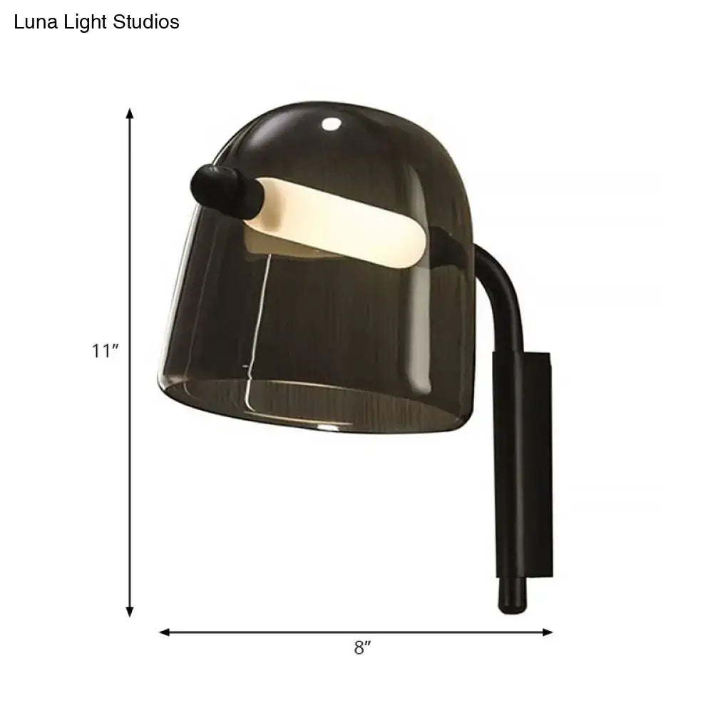 Modernist white black glass wall lamp with black smoked glass and sleek curved arm for living room sconce lighting
