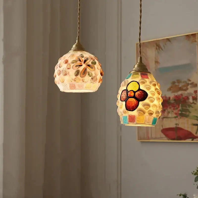 Mosaic floral & conch glass led pendant light dining room