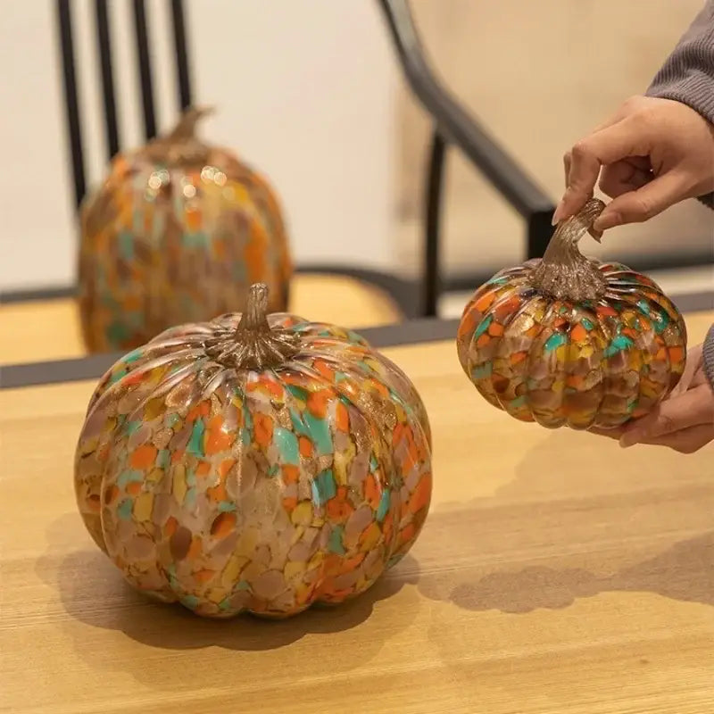 Mosaic orange & teal transparent glazed pumpkin sculpture living room decor