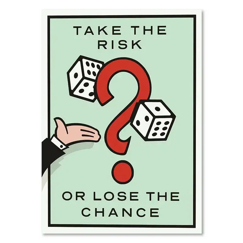 Mint green monopoly-themed canvas painting wall art by decorbites featuring a bold red question mark and motivational quote