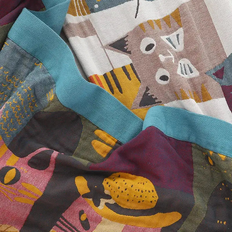 Multicolor boho printed cotton blanket bedroom cat pattern bed throw