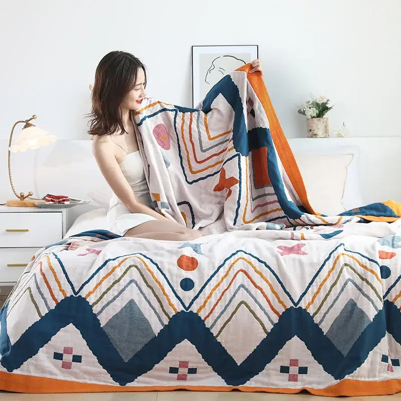 Multicolor boho printed cotton blanket bedroom cat pattern bed throw