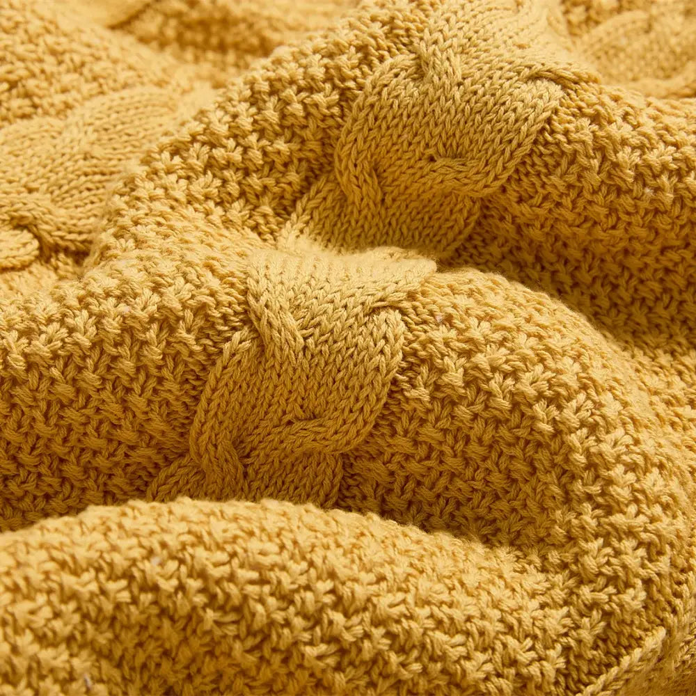 Mustard & white cable knit sherpa blanket bedroom throw