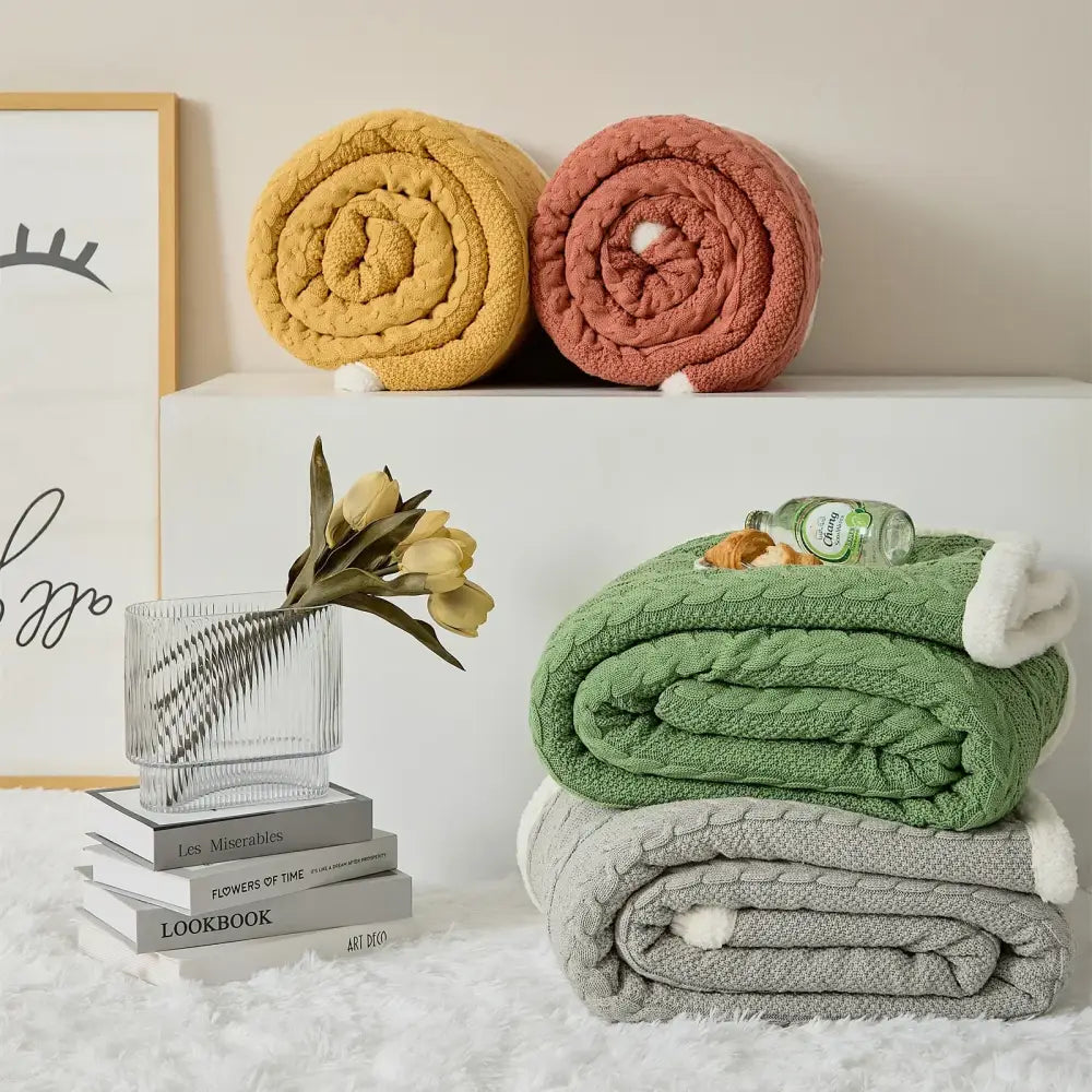 Mustard & white cable knit sherpa blanket bedroom throw