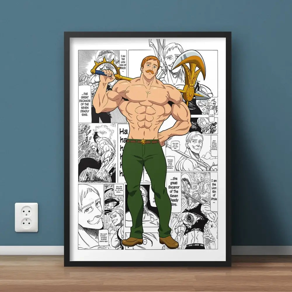 Black-framed DecorBites hero academia canvas wall art featuring muscular man with golden sword in green pants and boots