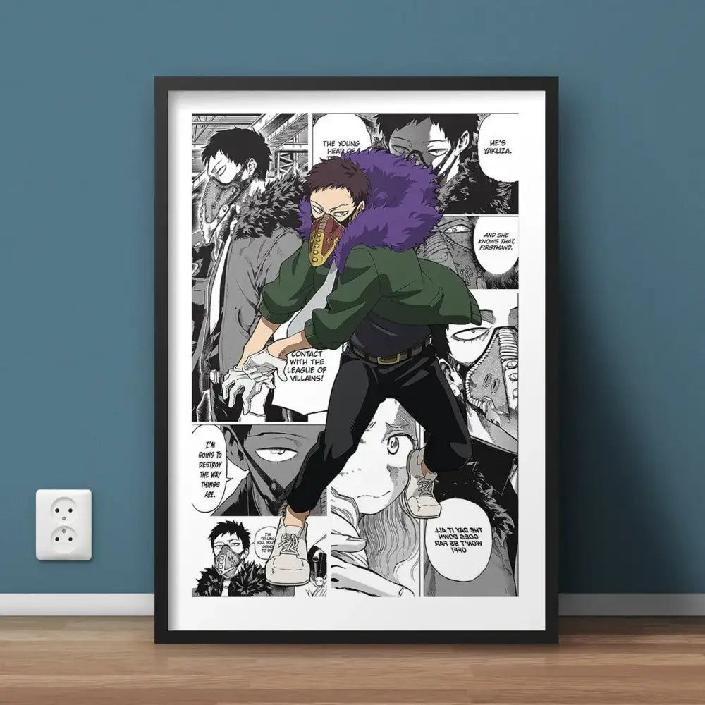 Black-framed hero academia canvas wall art featuring a purple-haired character in a green jacket on white background