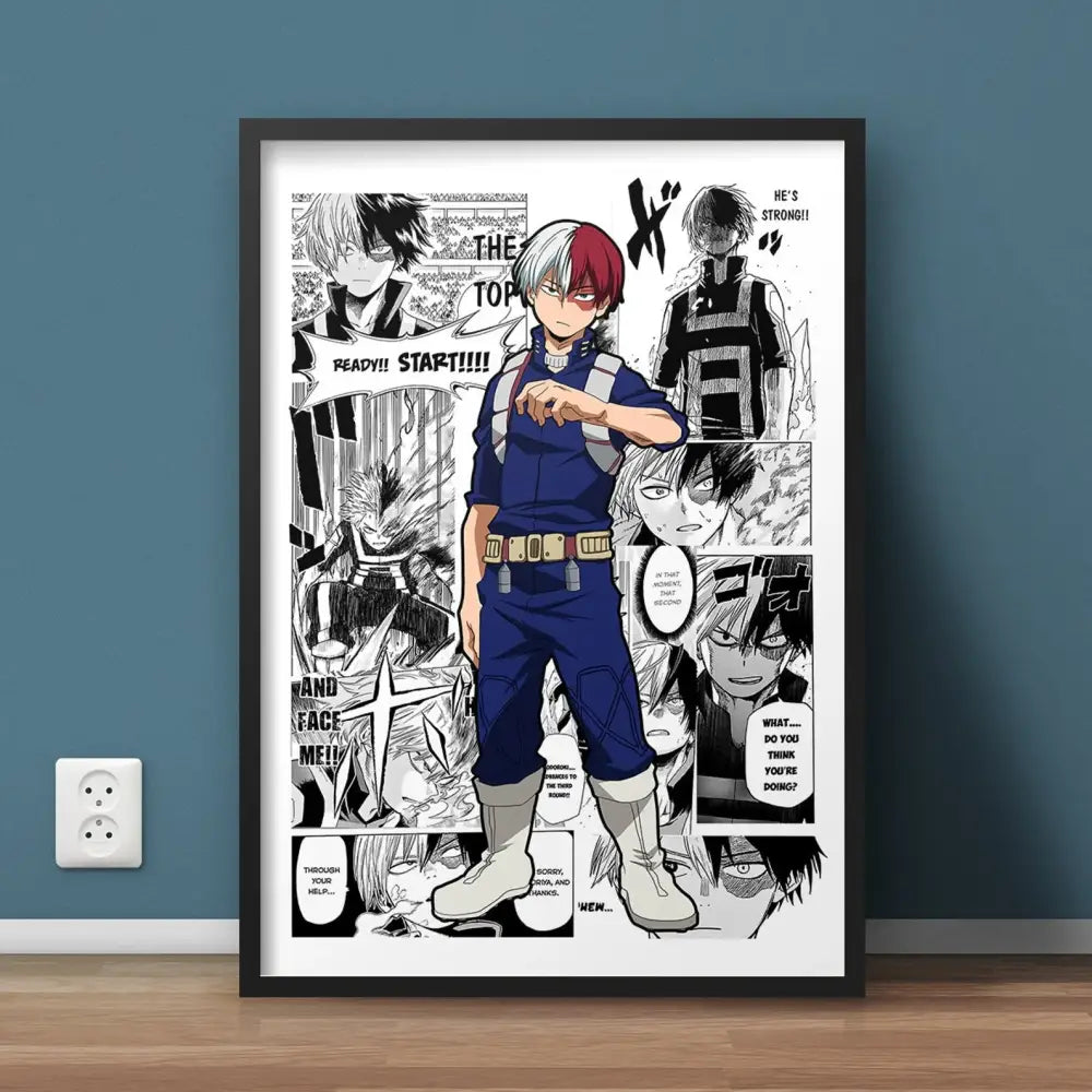 Black-framed decorbites™ hero academia canvas wall art featuring shoto todoroki in blue hero uniform with red and white face paint