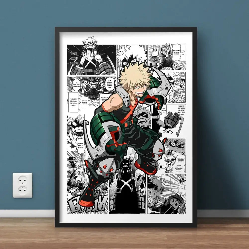 Black-framed hero academia canvas wall art featuring bakugo in green and black uniform by decorbites for vibrant decor