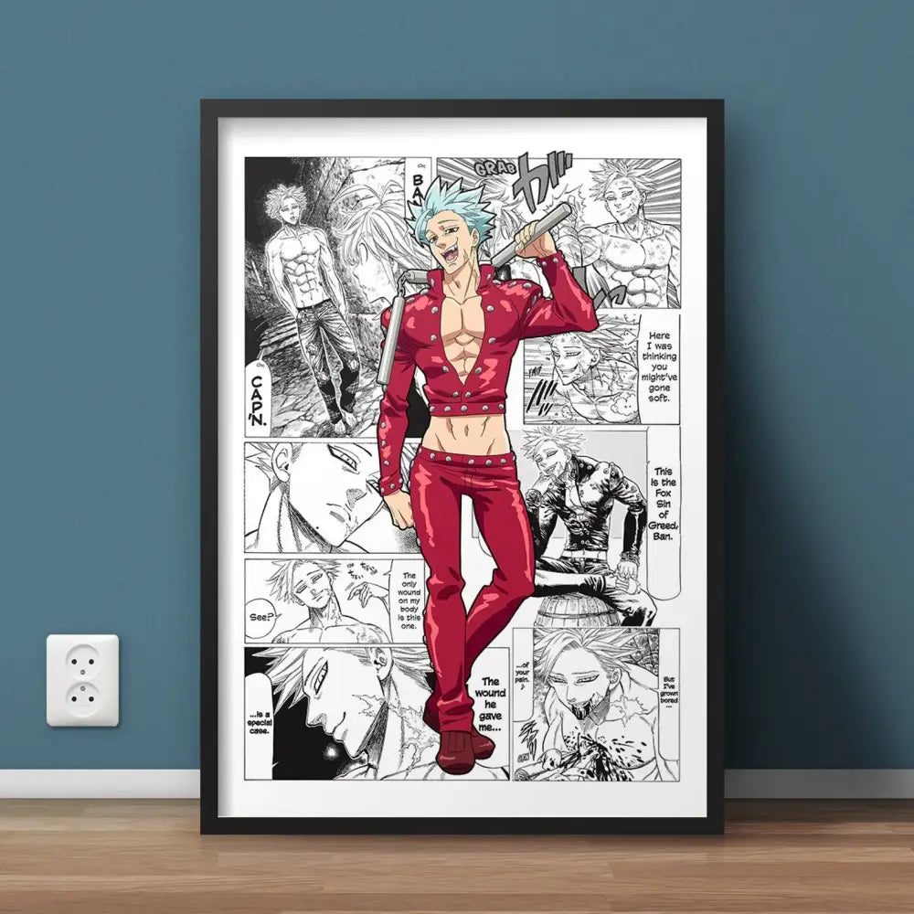 A framed black-and-white hero academia canvas featuring a character in vibrant red studded leather attire with manga panels