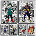 Set of six framed my hero academia canvas wall art prints featuring dynamic black white and bold color accents
