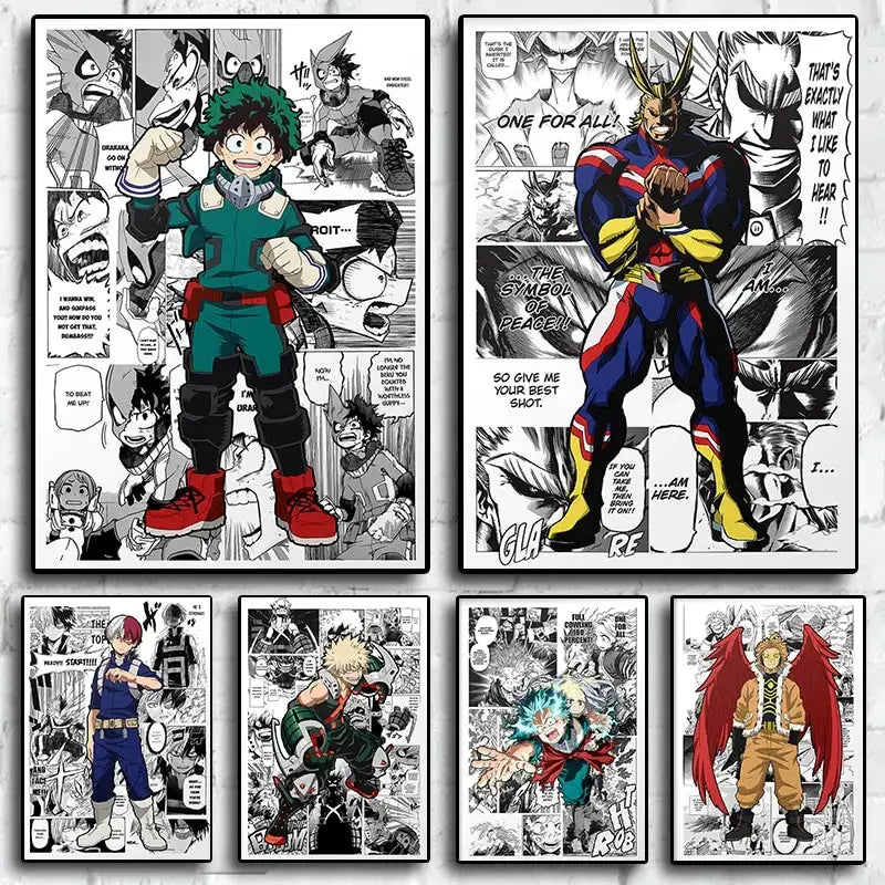 Set of six framed my hero academia canvas wall art prints featuring dynamic black white and bold color accents