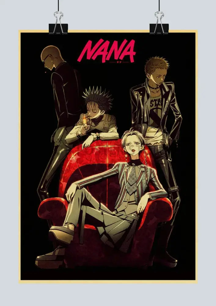 Black nana anime retro poster featuring four stylized characters in dark outfits on a black background for decor