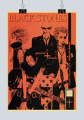 Orange nana anime retro poster featuring black line art of rock band with spiky hair and sunglasses labeled black stones