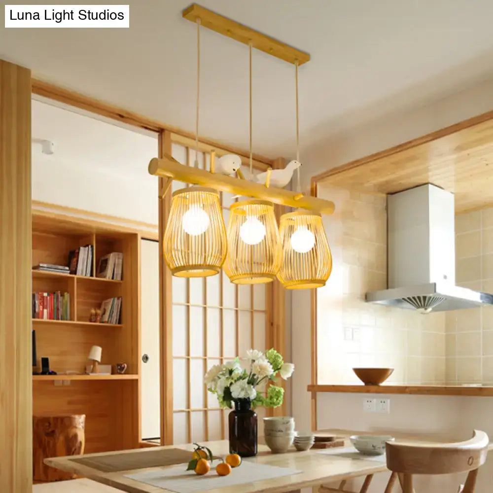 Natural bamboo barrel pendant lights dining room island two lanterns