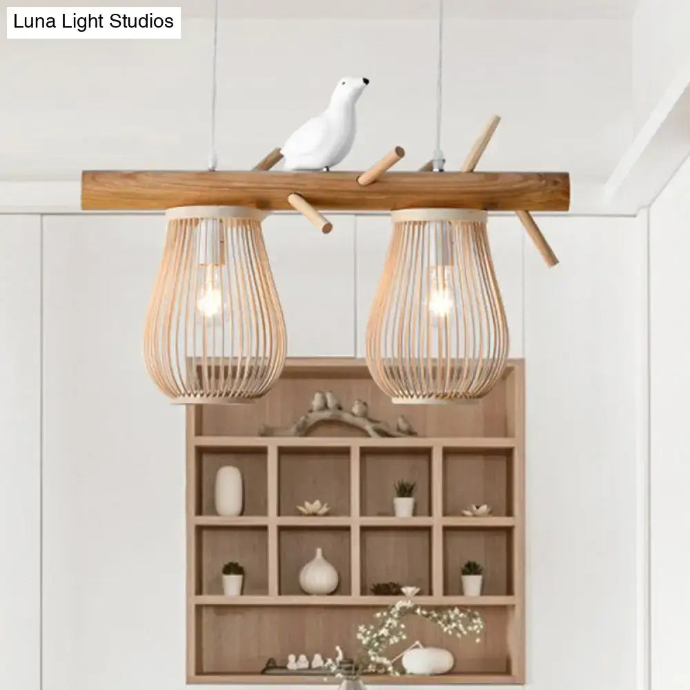 Natural bamboo barrel pendant lights dining room island two lanterns