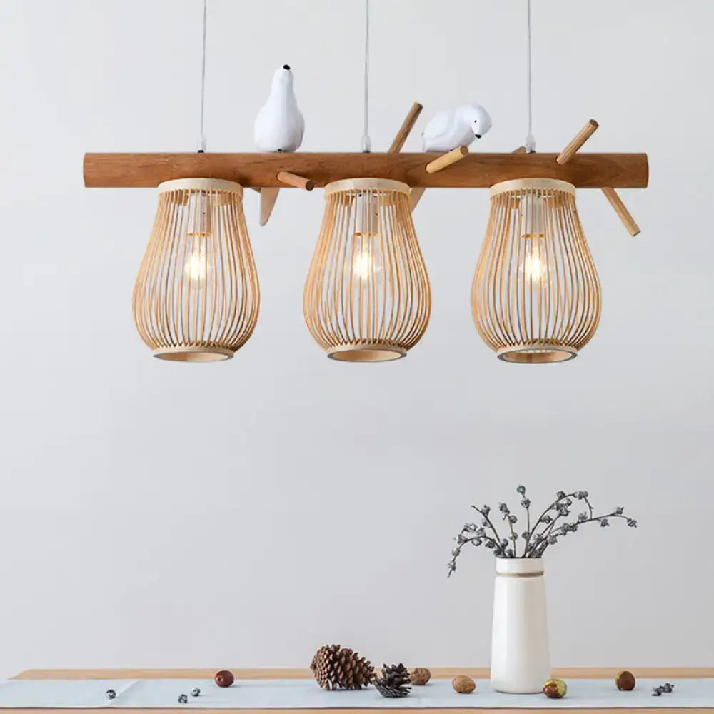 Natural bamboo barrel pendant lights dining room island two lanterns