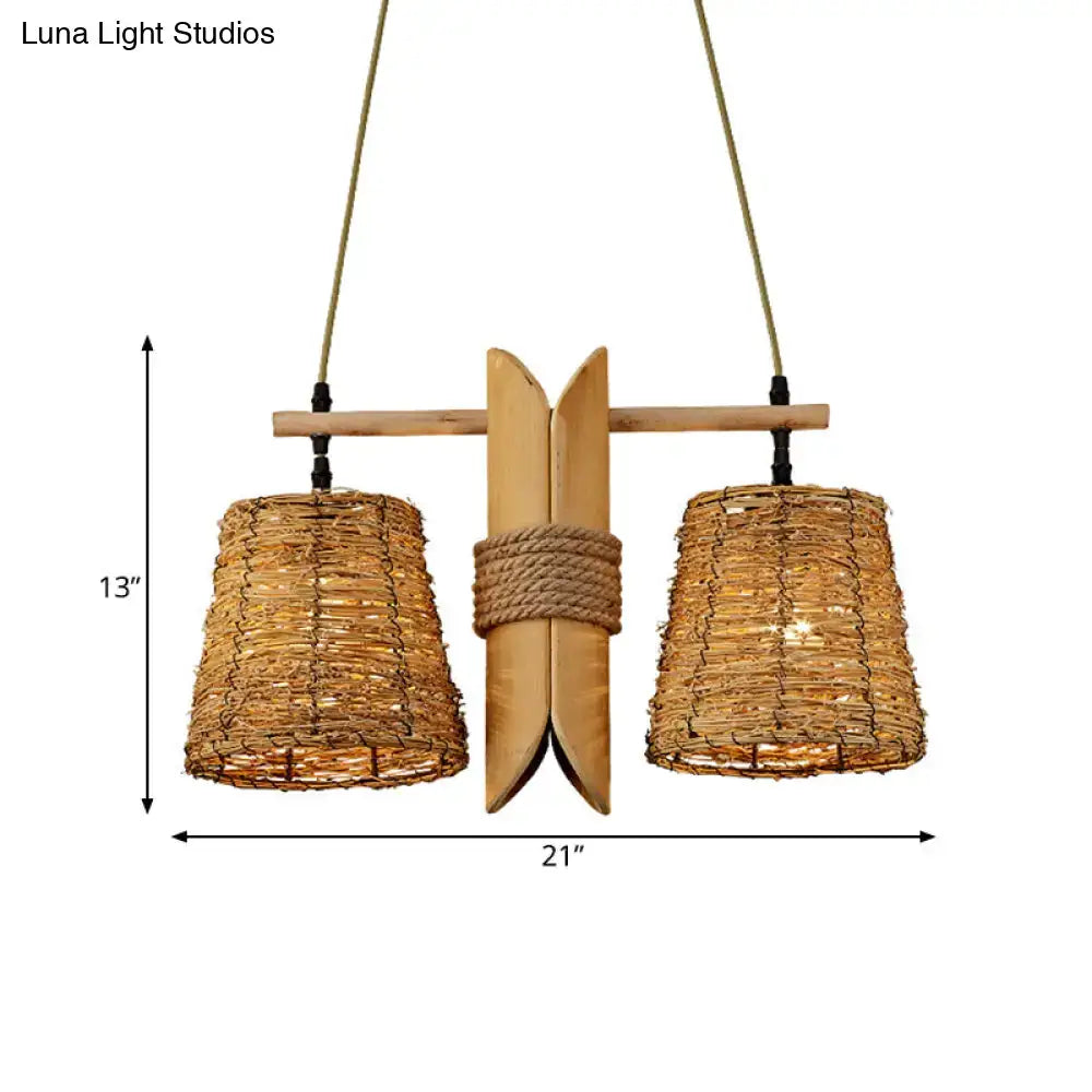 Natural woven rattan 2 light conic restaurant island ceiling light