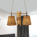 Natural woven rattan conic restaurant pendant ceiling light with beige heads and bamboo tube accent by decorbites