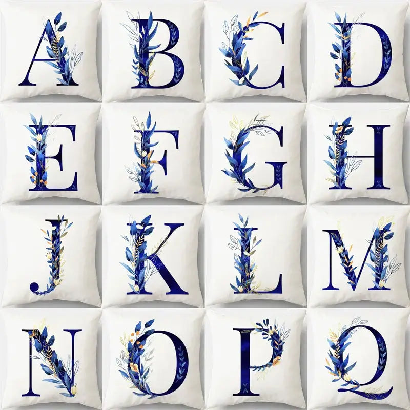 Navy and gold alphabet flower letter pillowcase for bedroom decor