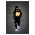 DecorBites modern neon sports stars wall art poster featuring a soccer player in black jersey with glowing orange 10 and white shoes