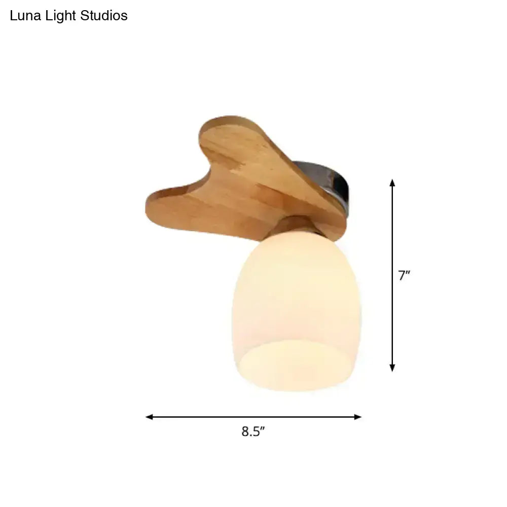 Nordic cream glass bell ceiling light with wood antler and frosted globe for bedroom in warm cream glass tone