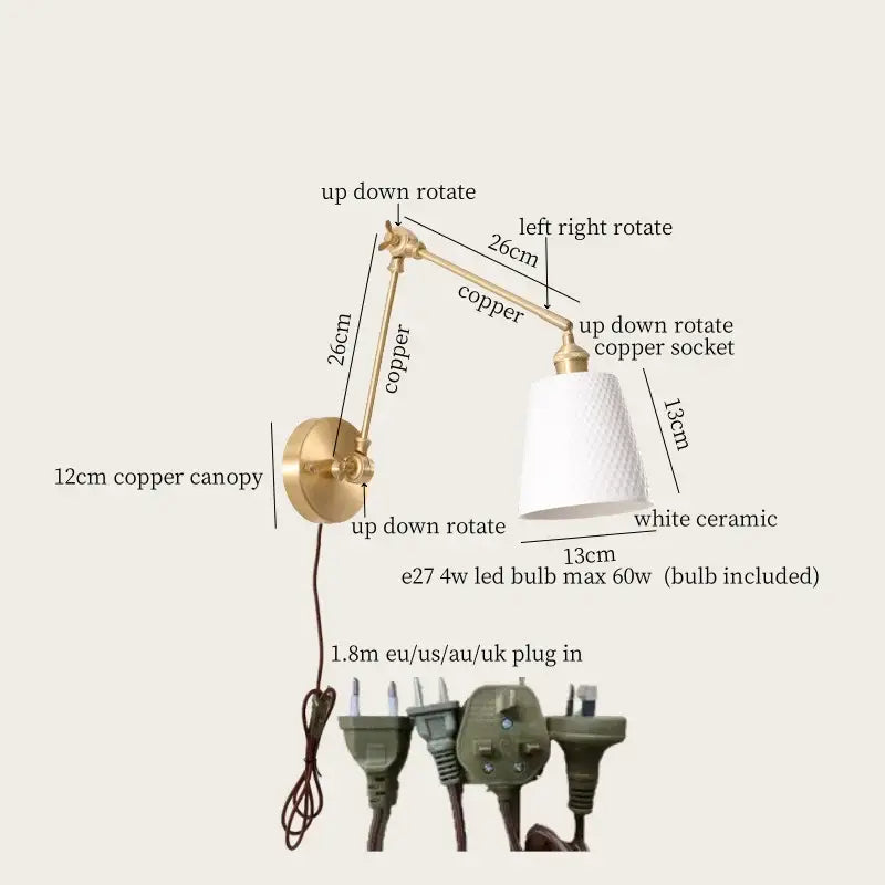 Nordic gold ceramic led wall lamp bedroom with ribbed glass shade