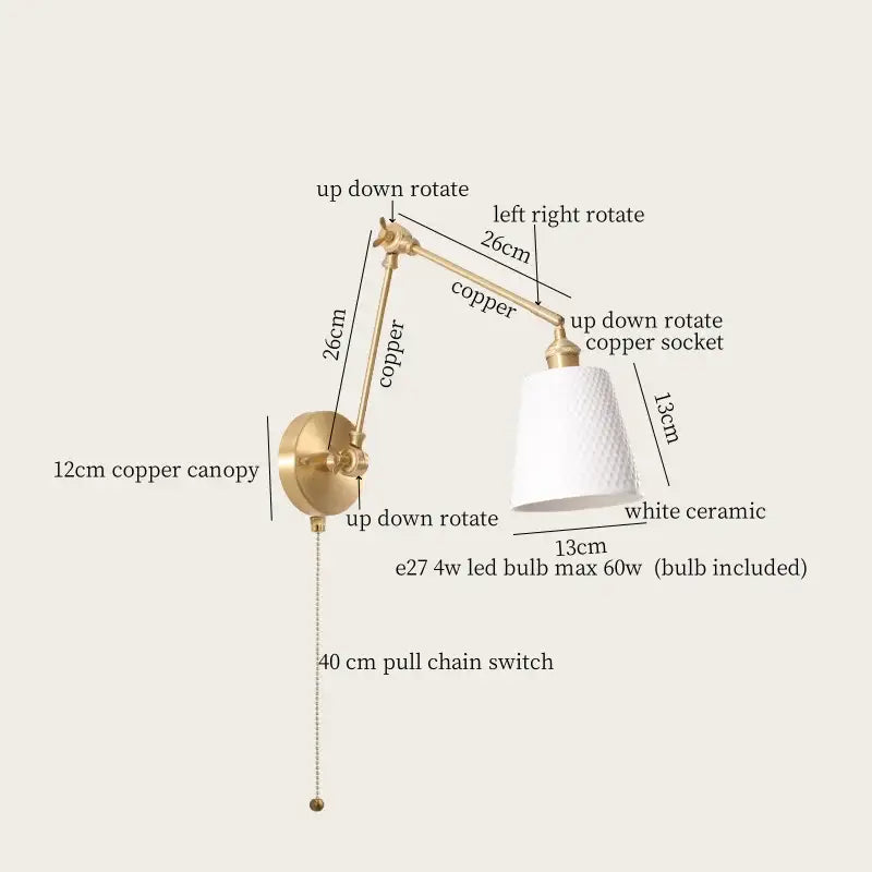 Nordic gold ceramic led wall lamp bedroom with ribbed glass shade