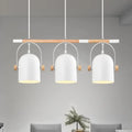 Modern white DecorBites™ Nordic style triple metal pendant light with wooden accent and adjustable dome shade for island lighting