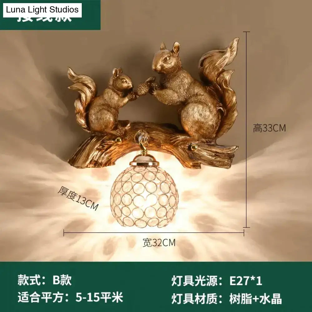 Nordic vintage style resin squirrel wall lamp bedroom light
