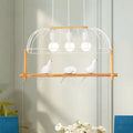 Decorbites nordic style island pendant with elongated white iron cage, wooden frame, fixture width suitable for kitchens