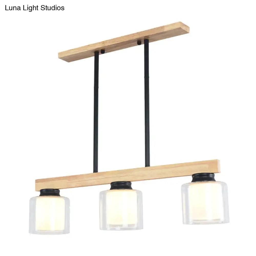 Nordic wooden linear pendant with glass shades for dining room