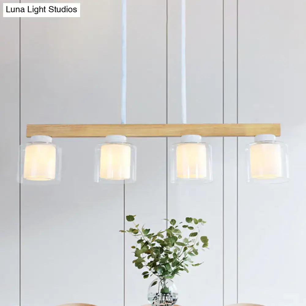 Nordic wooden linear pendant with glass shades for dining room