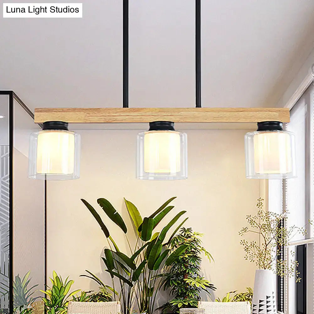 Nordic wooden linear pendant with glass shades for dining room