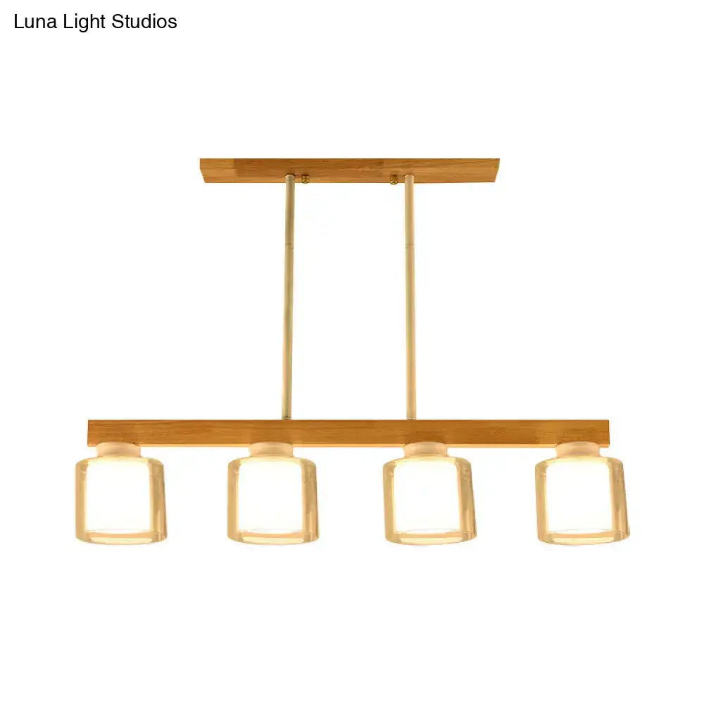 Nordic wooden linear pendant with glass shades for dining room