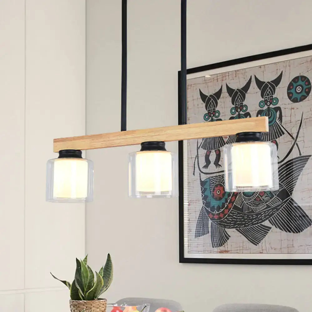 Nordic wooden linear pendant with glass shades for dining room