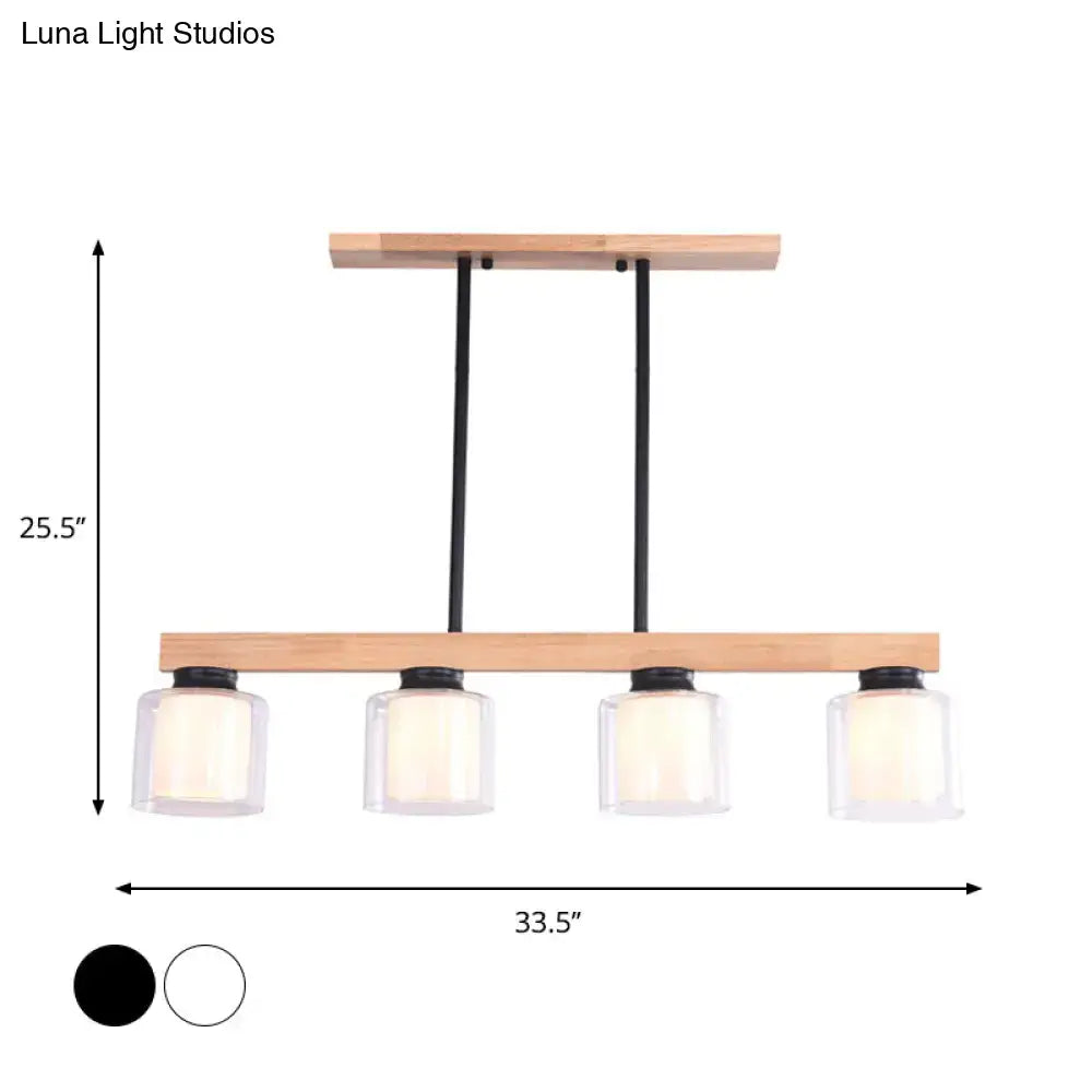 Nordic wooden linear pendant with glass shades for dining room