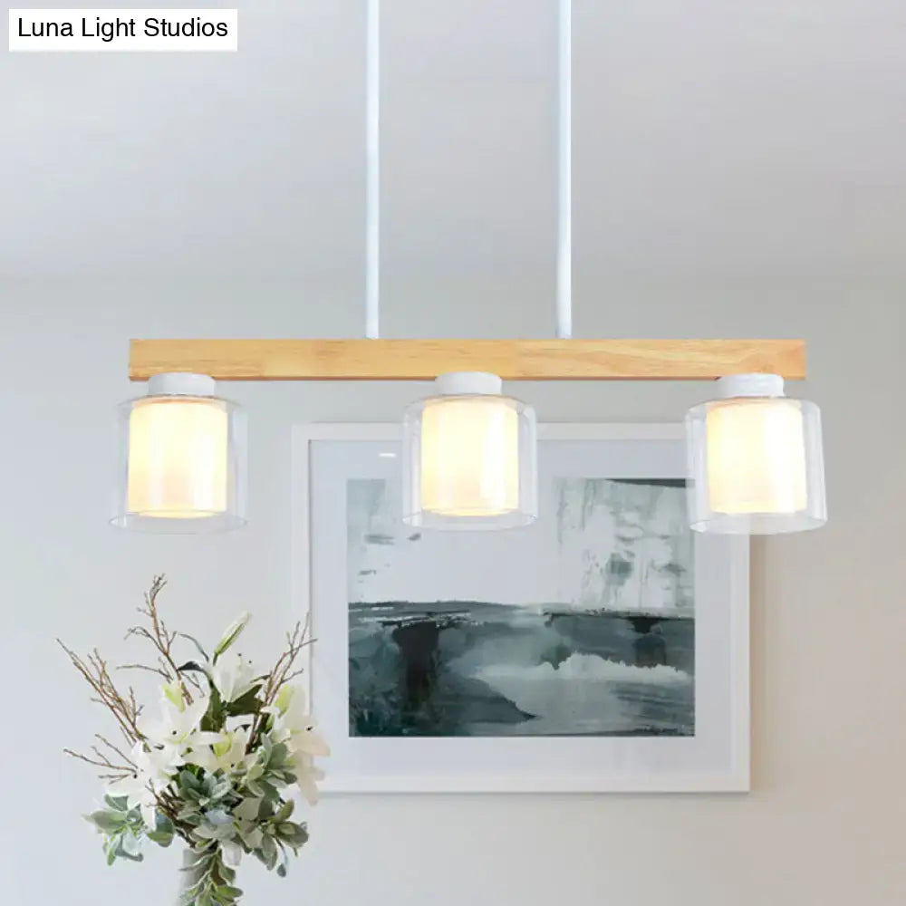 Nordic wooden linear pendant with glass shades for dining room
