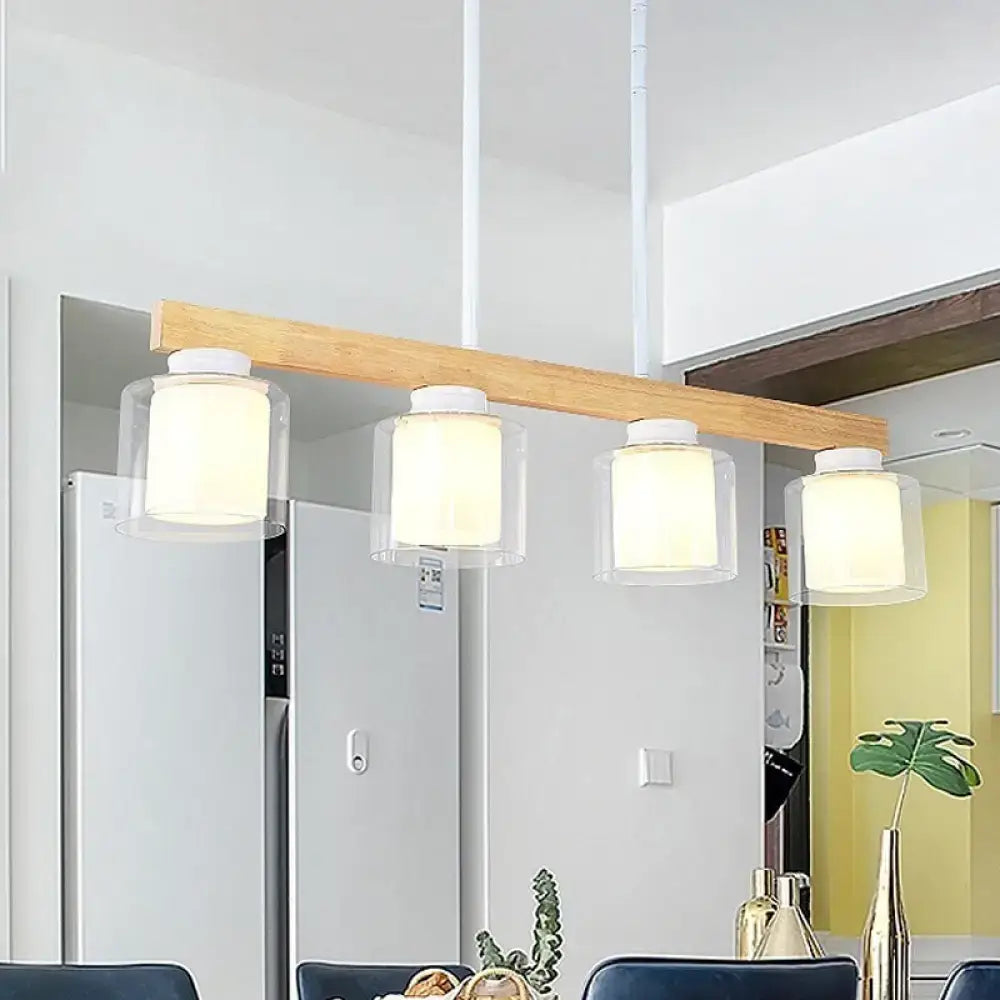 Nordic wooden linear pendant with glass shades for dining room