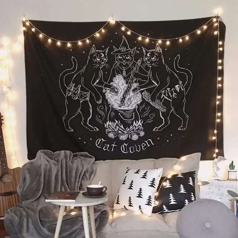 Occult black cat coven tapestry bedroom wall art illustration